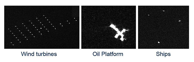 Different objects as they appear in the system, including wind turbines, oil platforms and ships