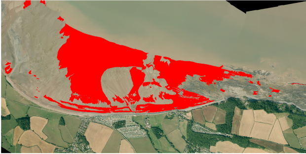 Satellite imagery of Blue Anchor in Somerset, with the areas of sand highlighted in red.