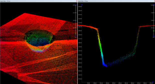 Side-by-side visual presentation of the 'blue hole' bathymetry data collected using a multibeam echosounder